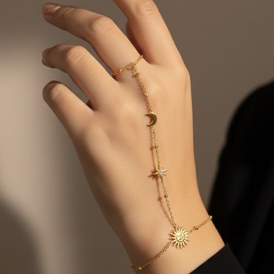 Star Hand Chain Celestial Sun, Moon, and Star 18K Gold Plated Hand Chain Bracelet ...