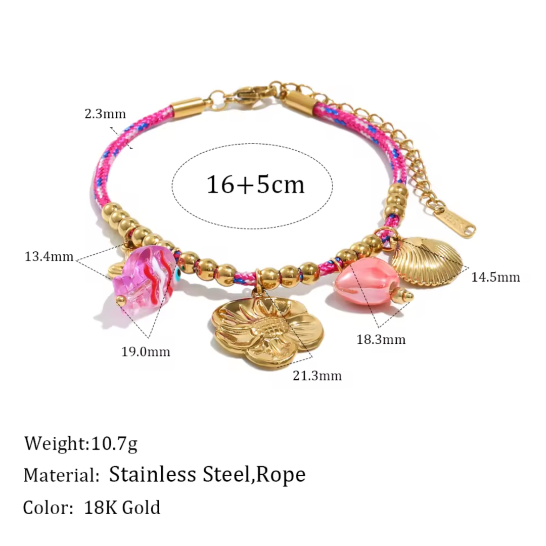 Island Bloom Charm Bracelet with Pink Glass Hearts & Golden Seashells