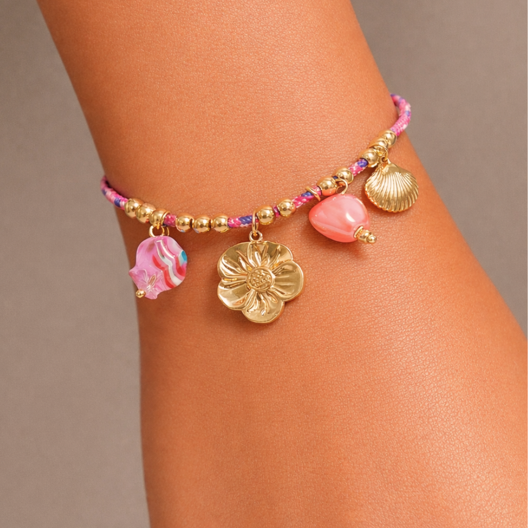 Island Bloom Charm Bracelet with Pink Glass Hearts & Golden Seashells