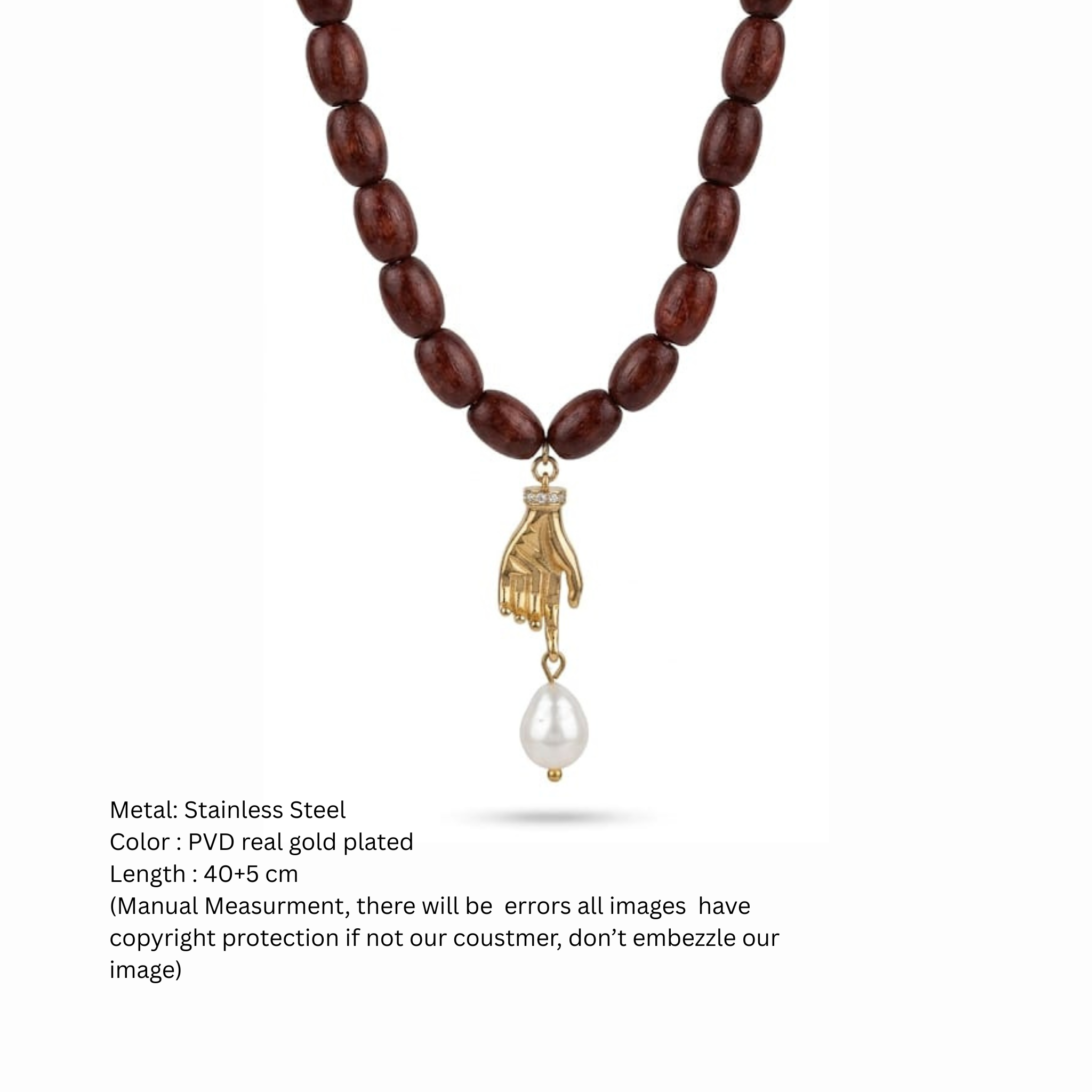 Anti-Tarnish Gold Hand Charm & Baroque Pearl Wooden Bead Necklace