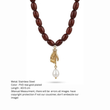 Anti-Tarnish Gold Hand Charm & Baroque Pearl Wooden Bead Necklace
