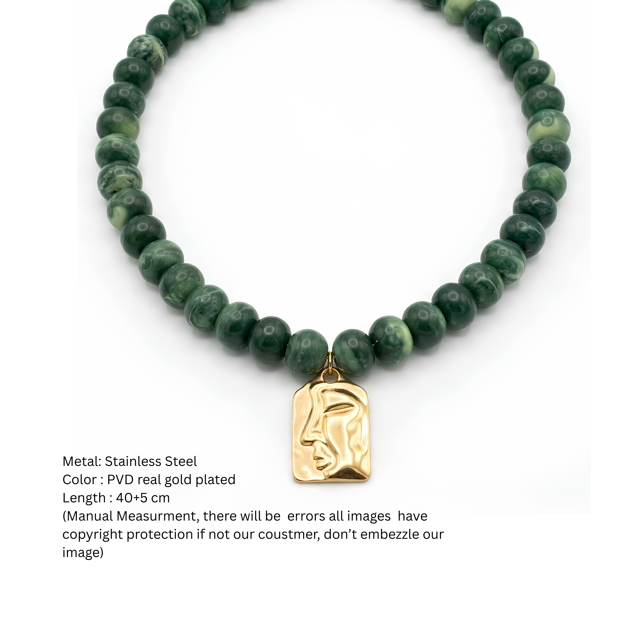 Anti-Tarnish Sculpted Face Gold Pendant & Green Marble Bead Necklace