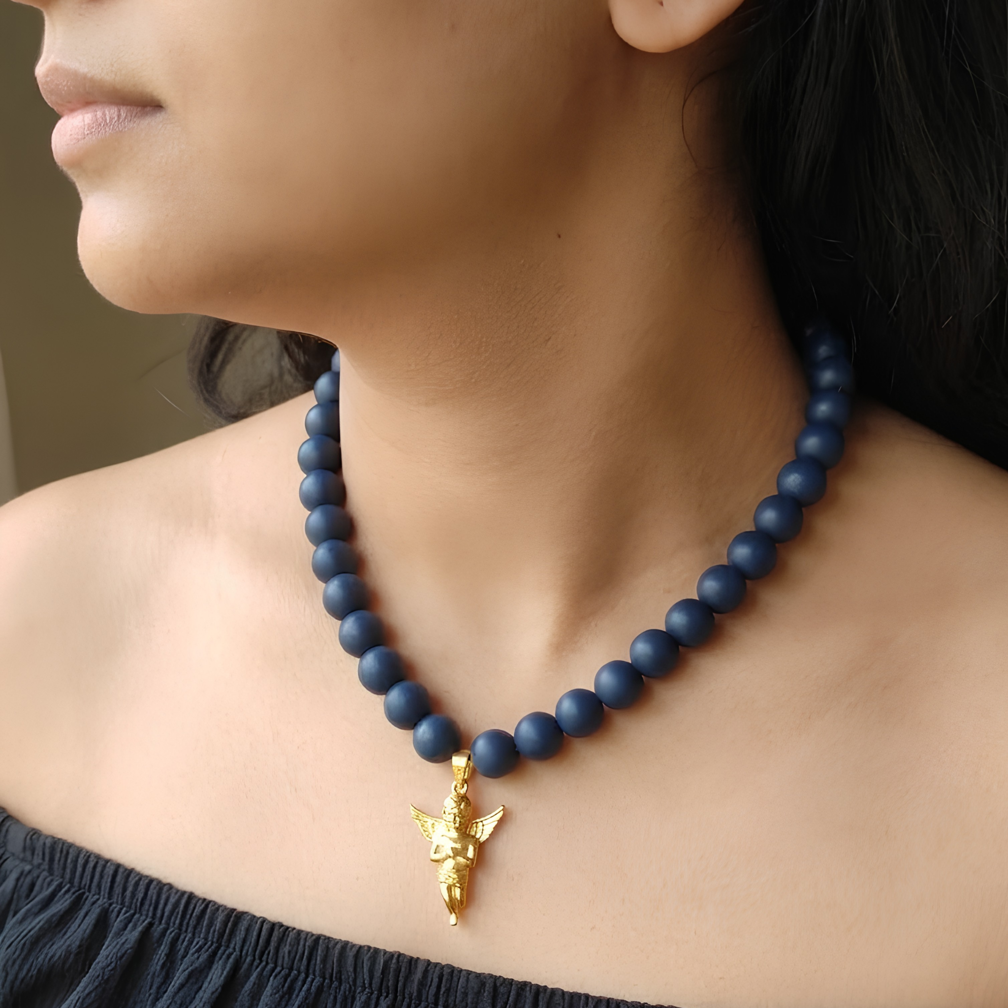 Anti-Tarnish Sculpted Cherub Angel Gold Pendant & Matte Navy Bead Necklace