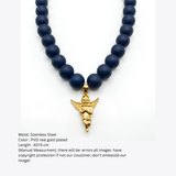Anti-Tarnish Sculpted Cherub Angel Gold Pendant & Matte Navy Bead Necklace