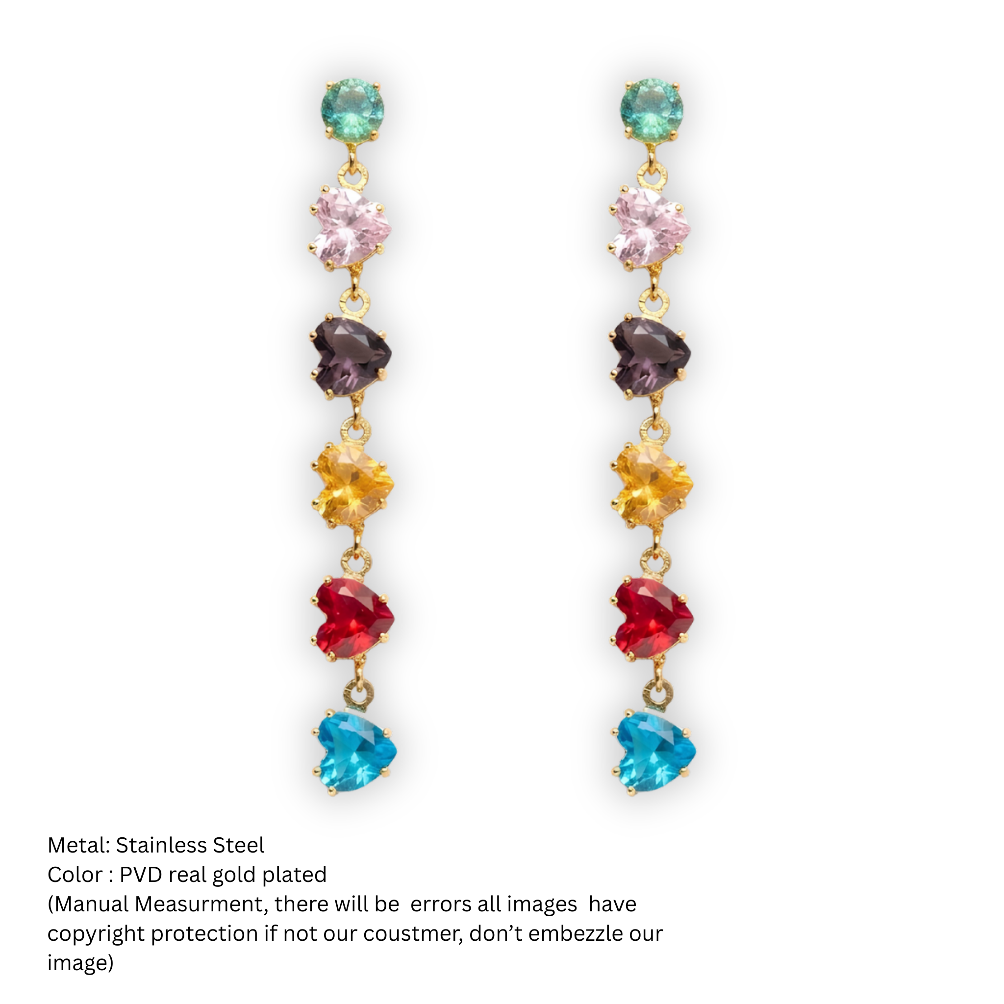 Anti-Tarnish Rainbow Heart Crystal Drop Earrings