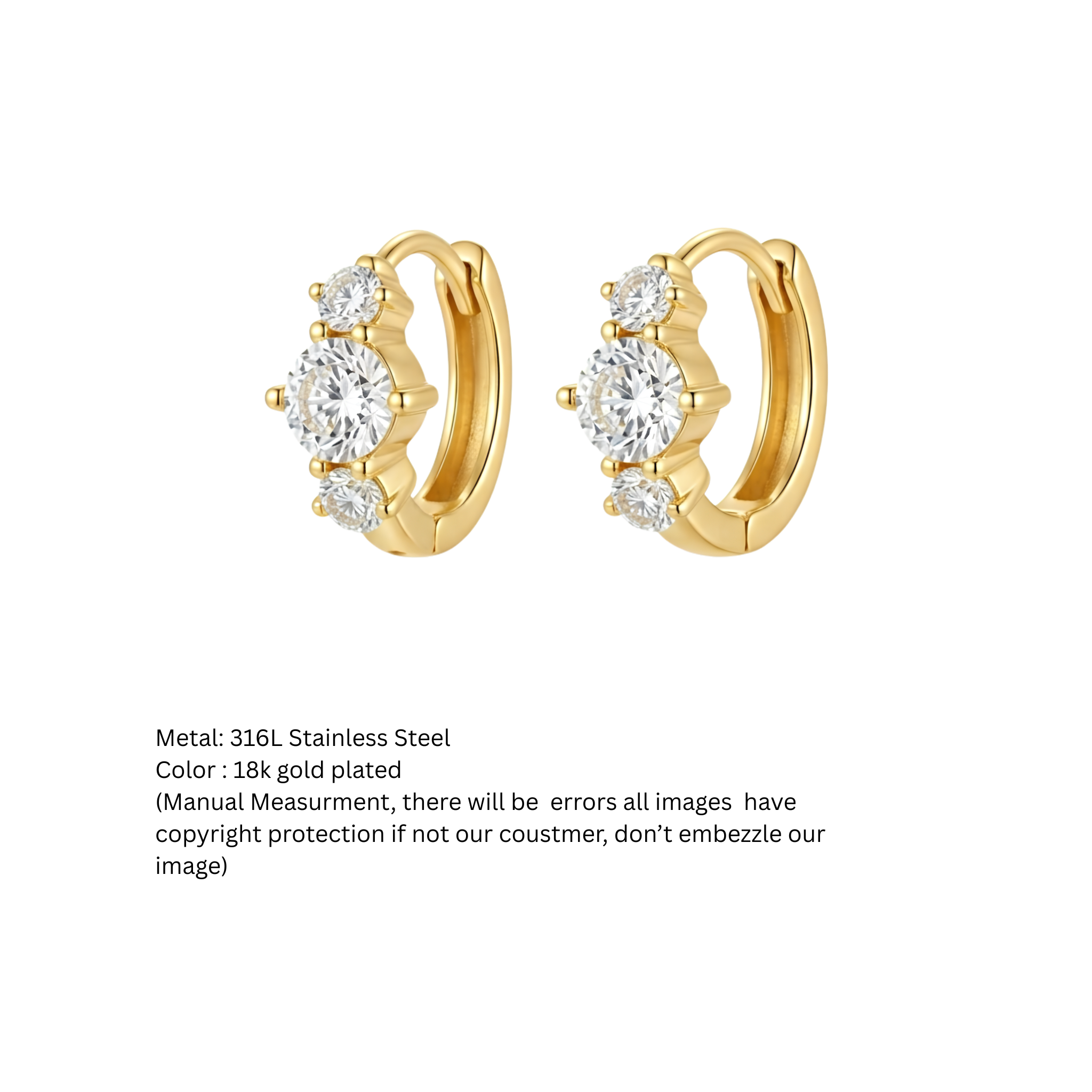 Three-Stone Sparkle Gold Huggie Hoop Earrings