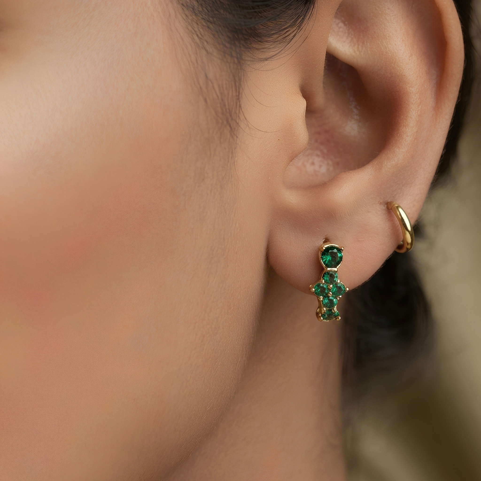Emerald Green Crystal Cluster Gold Huggie Hoop Earrings