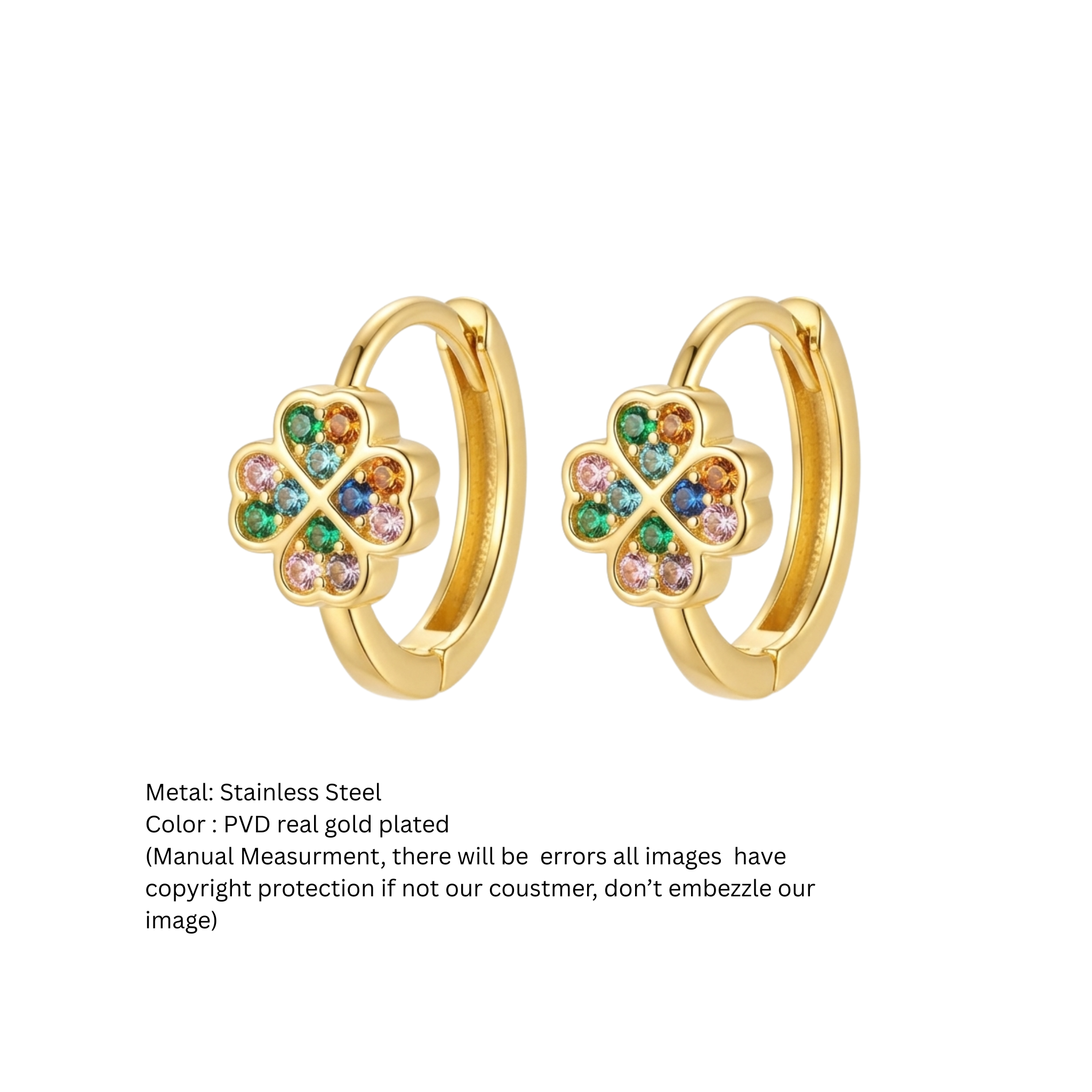 Multicolor Four-Leaf Clover Gold Huggie Hoop Earrings
