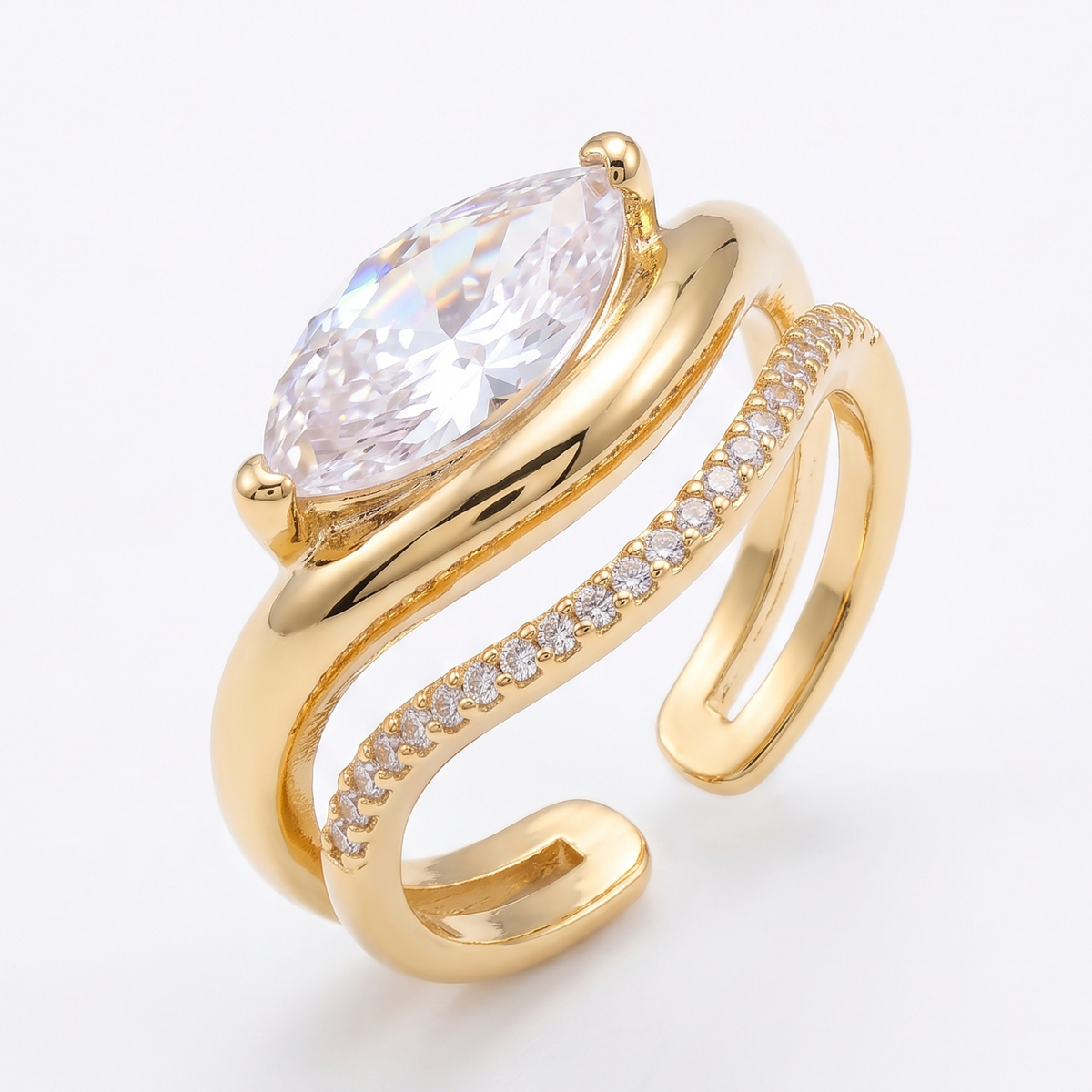 Marquise Solitaire Double-Band Gold Adjustable Ring