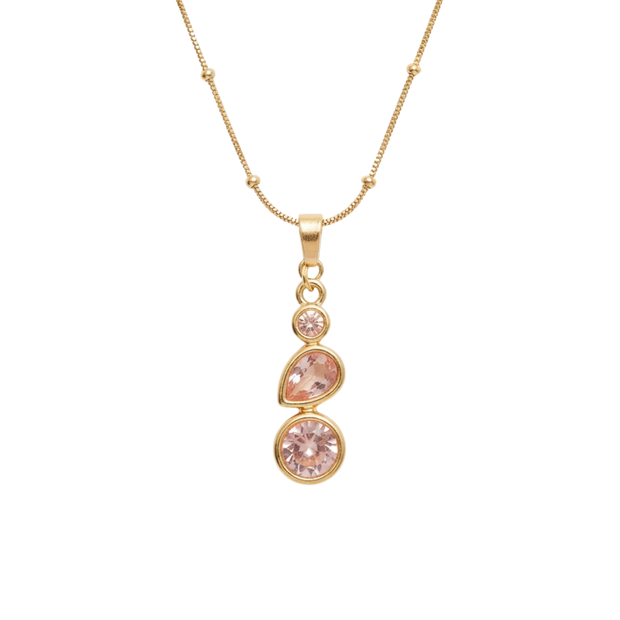 Anti-Tarnish Pink Multi-Stone Trio Gold Drop Pendant Necklace