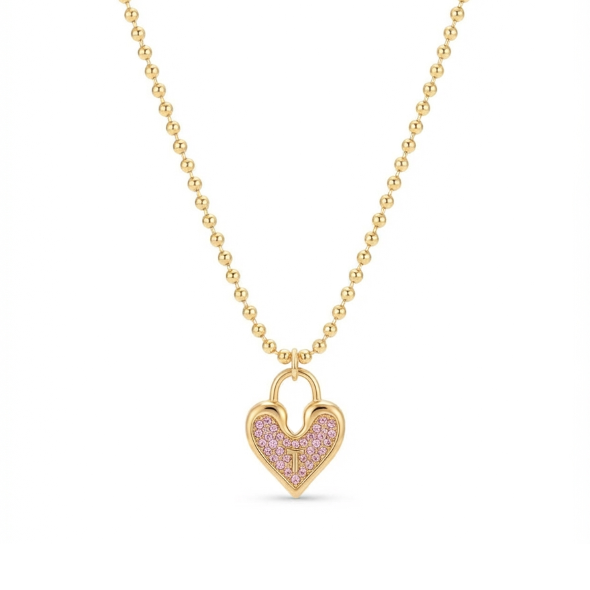 Anti-Tarnish Pink Crystal Heart Lock Initial 'T' Gold Pendant Necklace