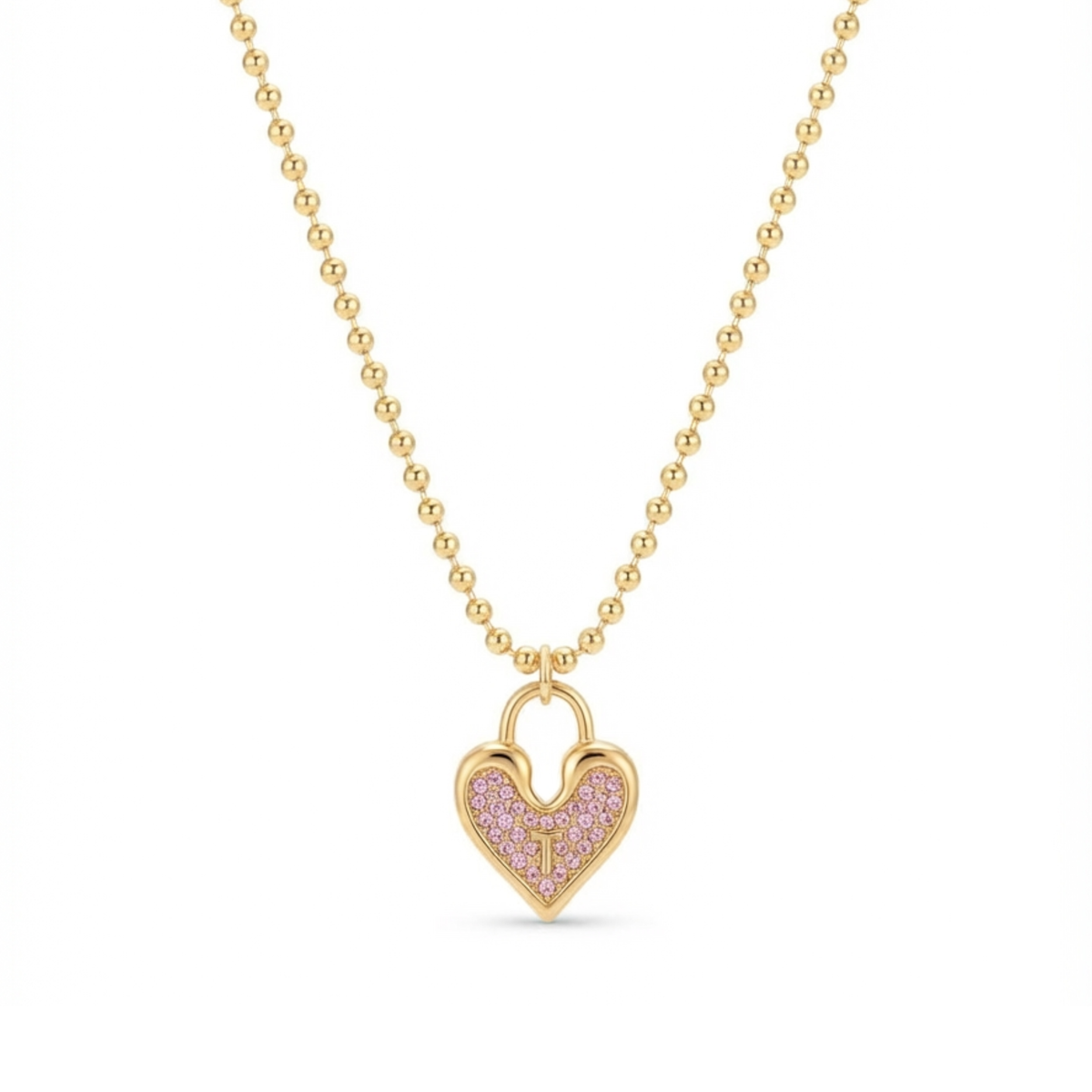Anti-Tarnish Pink Crystal Heart Lock Initial 'T' Gold Pendant Necklace