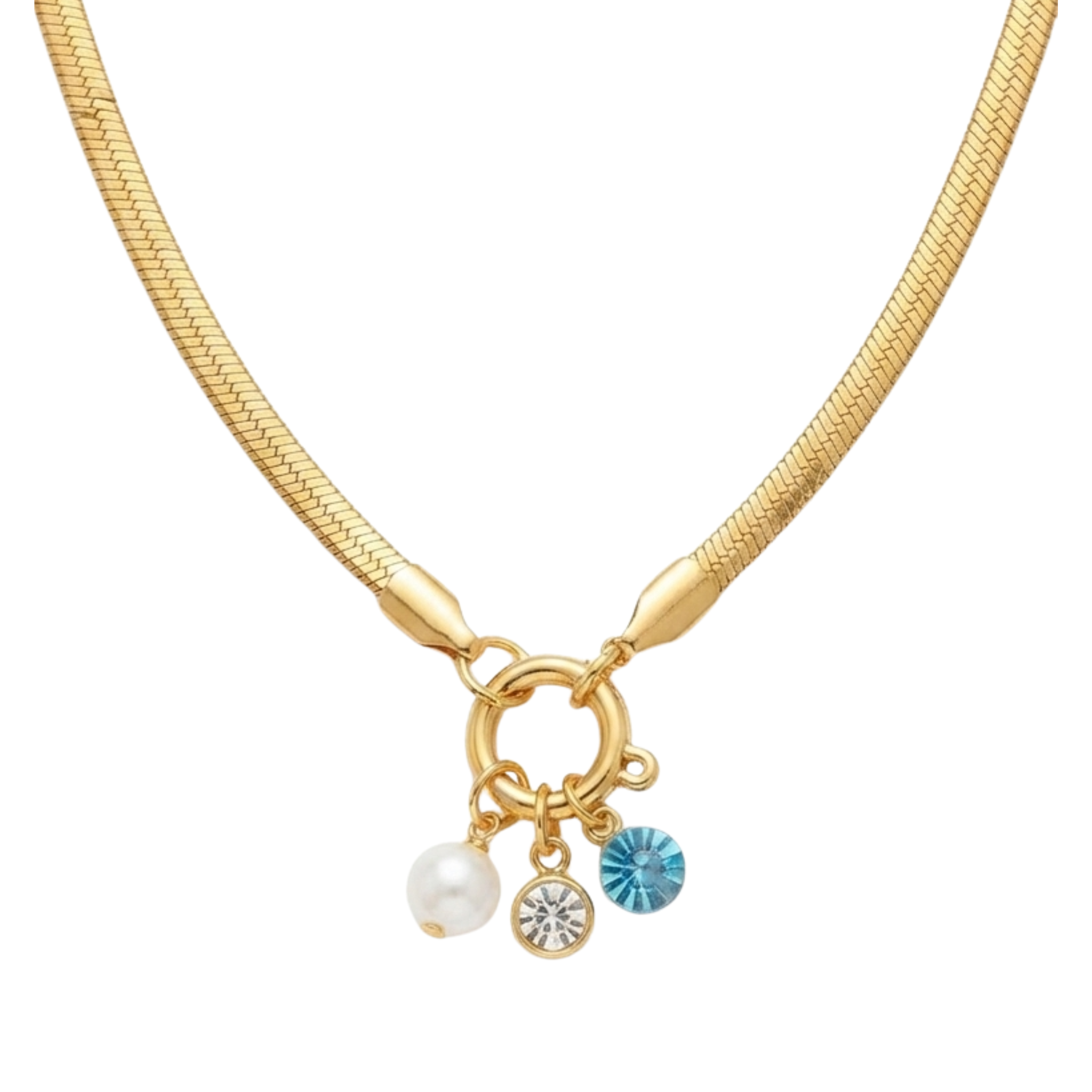 Anti-Tarnish Multi-Charm Herringbone Gold Necklace