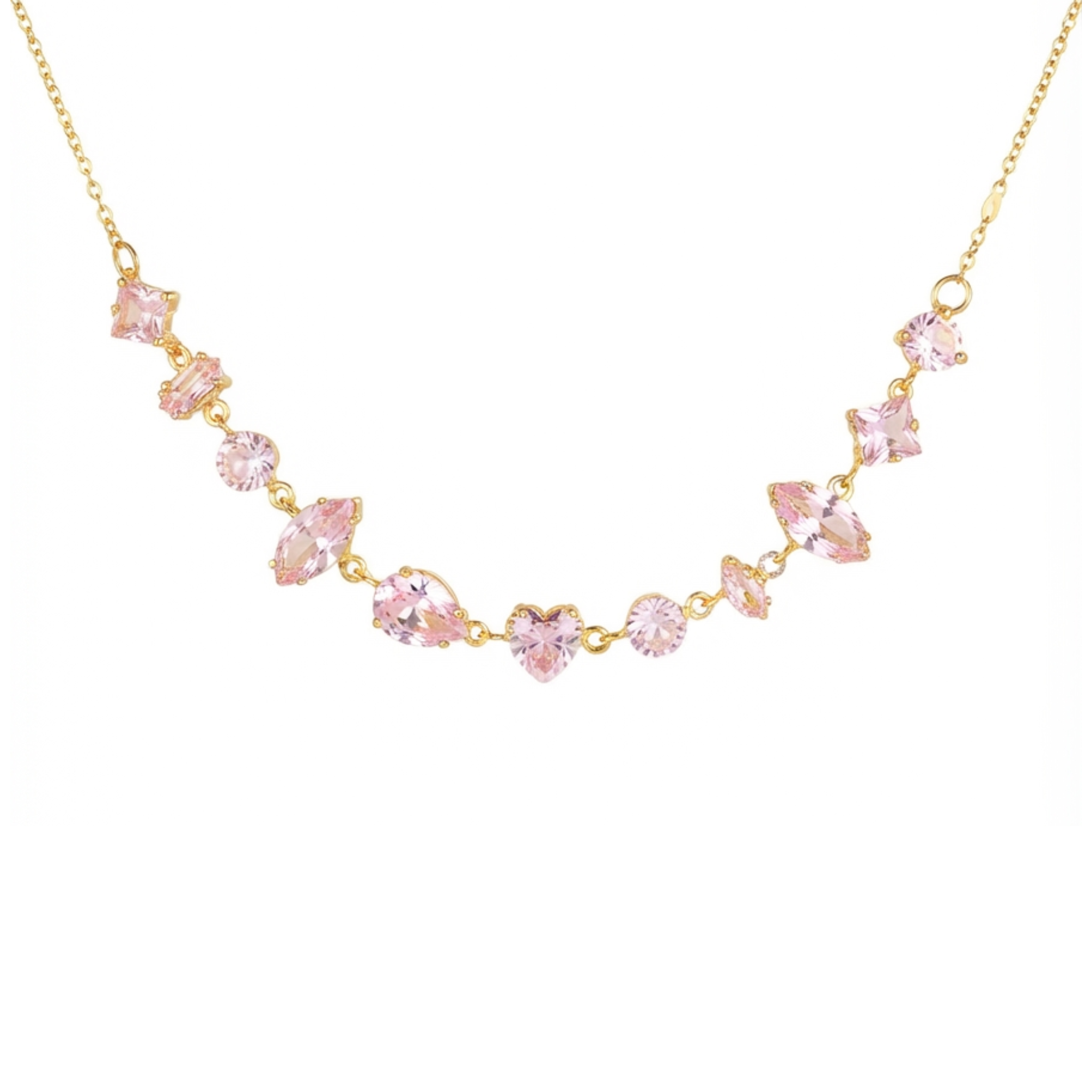 Anti-Tarnish Multi-Cut Pink Crystal Tennis Gold Necklace