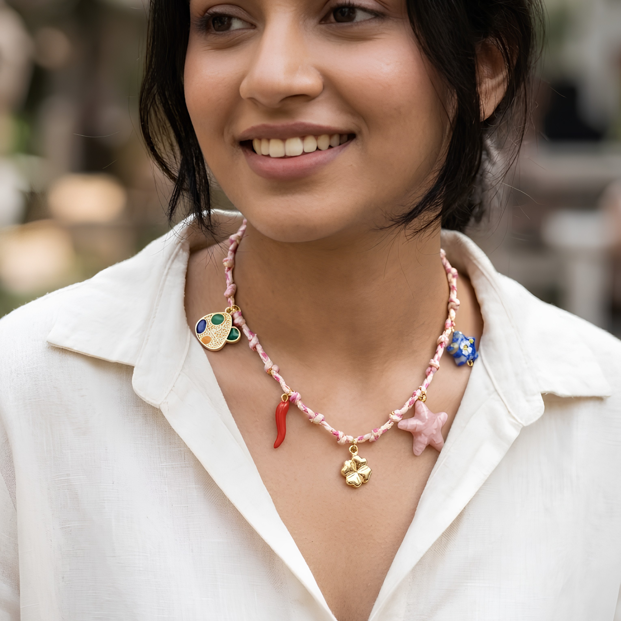 Anti-Tarnish Multi-Charm Braided Cord Gold Necklace