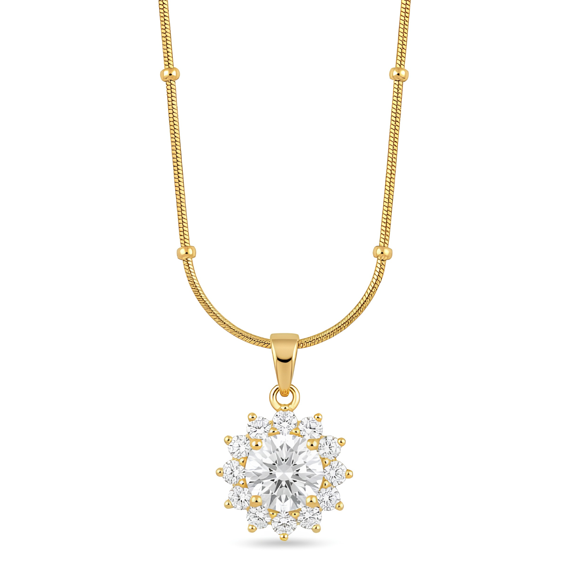 Anti-Tarnish Floral Crystal Halo Gold Pendant Necklace