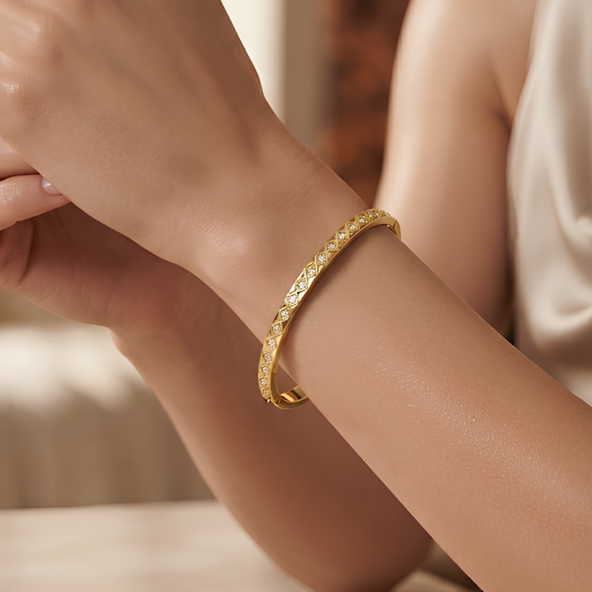 Geometric Diamond-Accented Gold Bangle Bracelet
