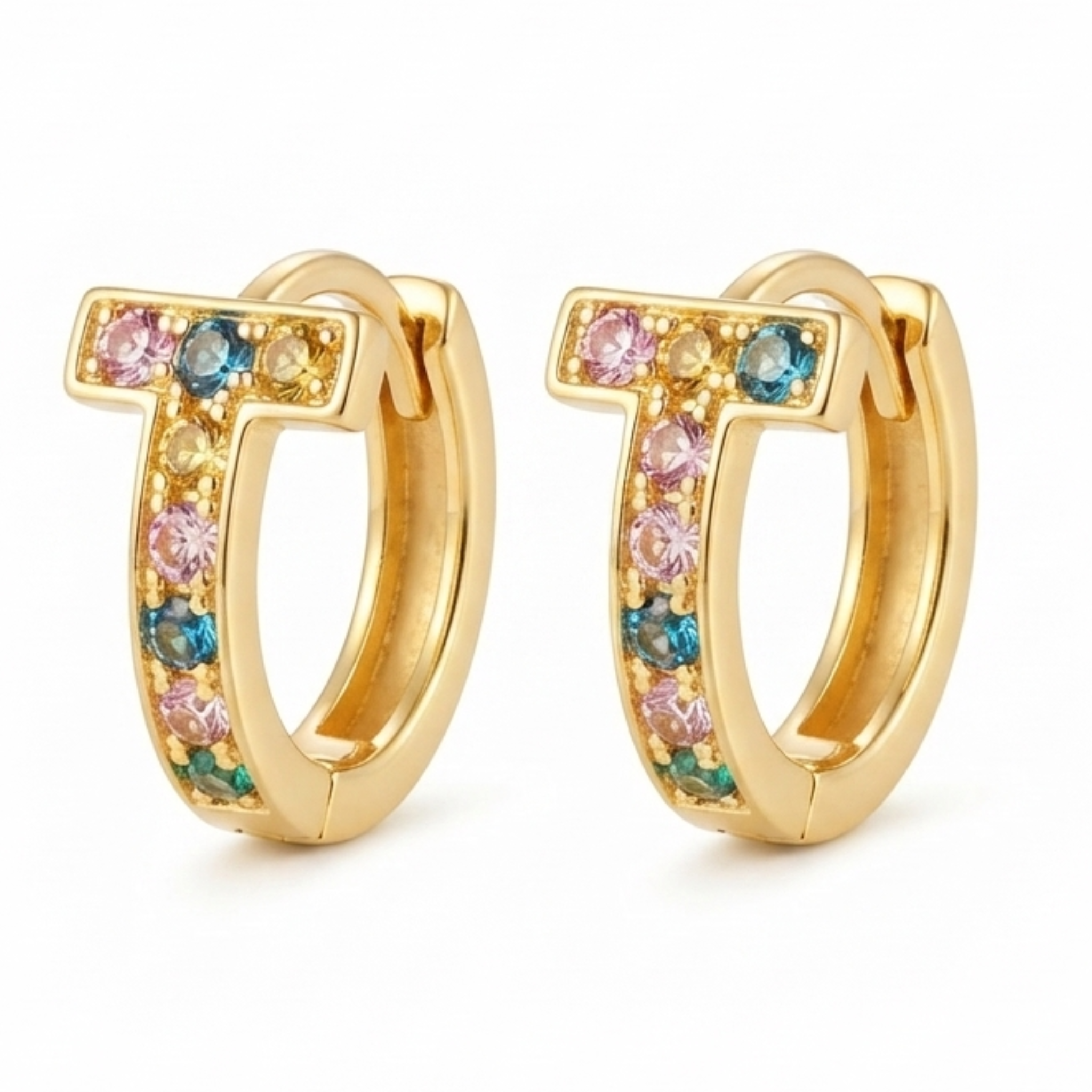 Multicolor Initial 'T' Gold Huggie Hoop Earrings