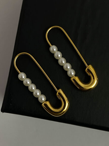 Pearl tied gold plated safety pin earrings